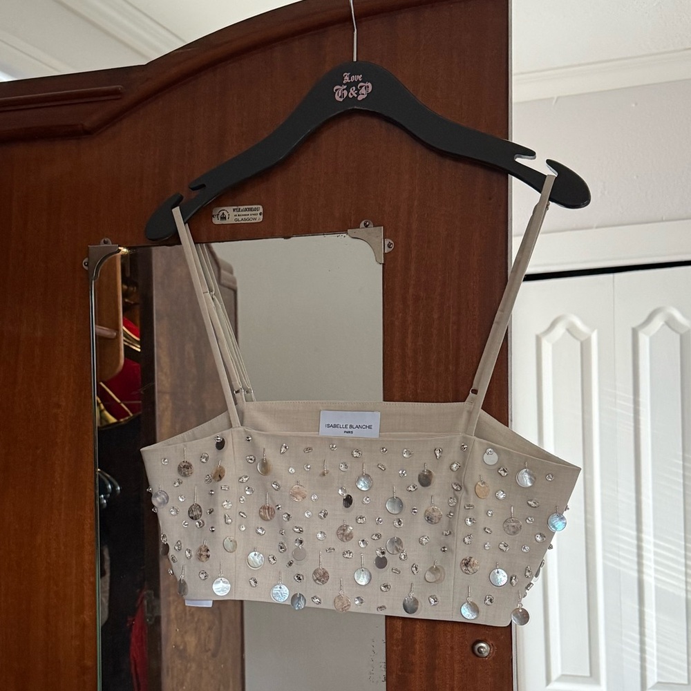 Embellished Beige Crop Tank Top